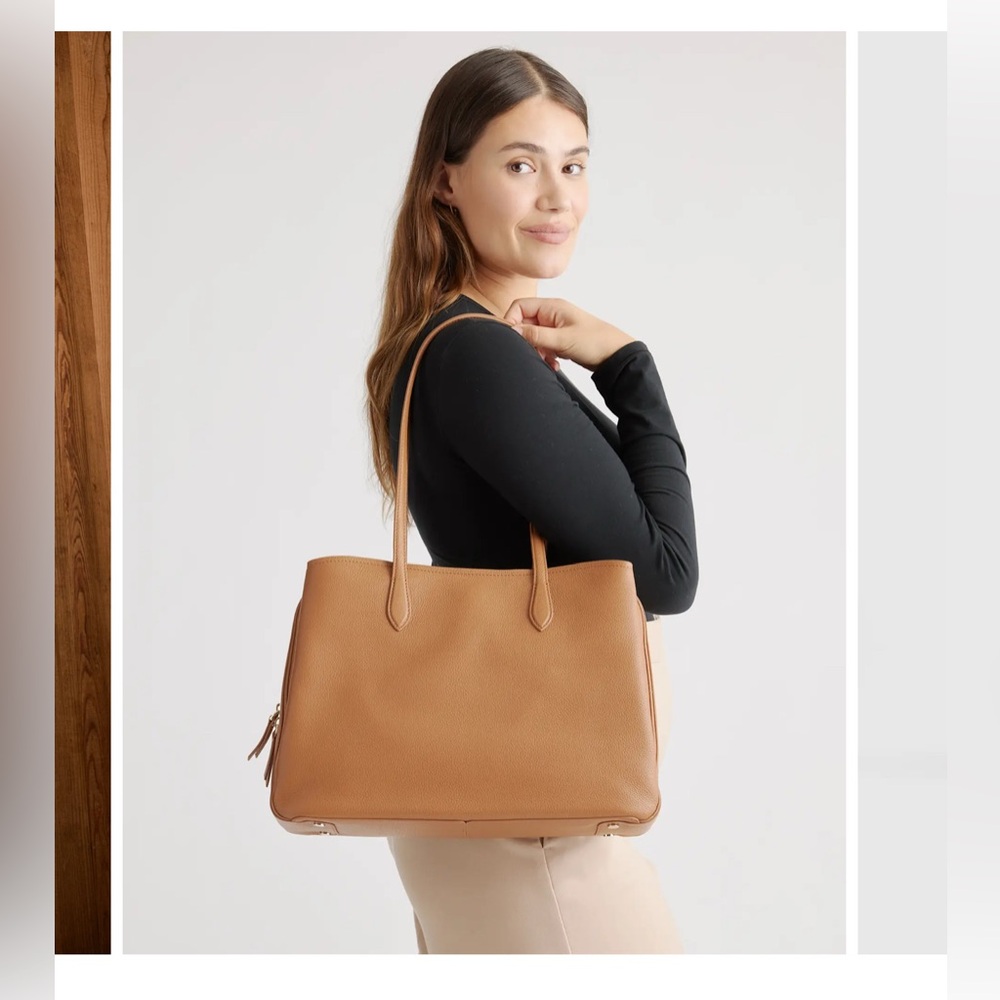 Quince Italian Leather Triple Compartment Work Tote - Cognac